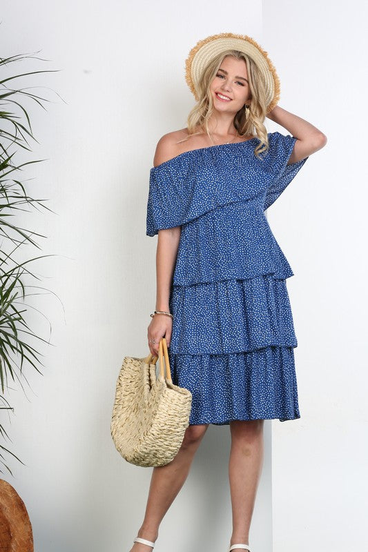 OFF THE SHOULDER THREE LAYERS RUFFLE DRESS