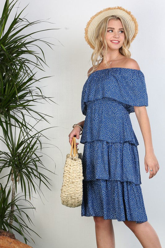 OFF THE SHOULDER THREE LAYERS RUFFLE DRESS