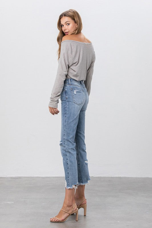 High Waist Distressed Fray Straight Jeans
