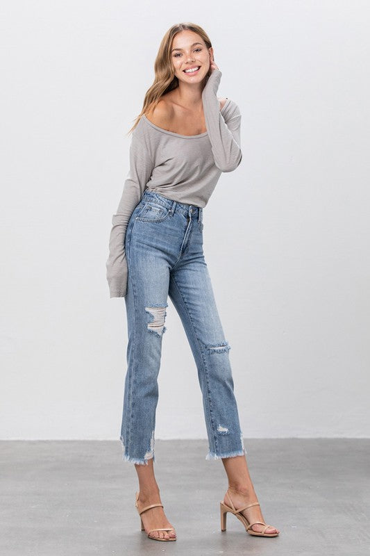 High Waist Distressed Fray Straight Jeans