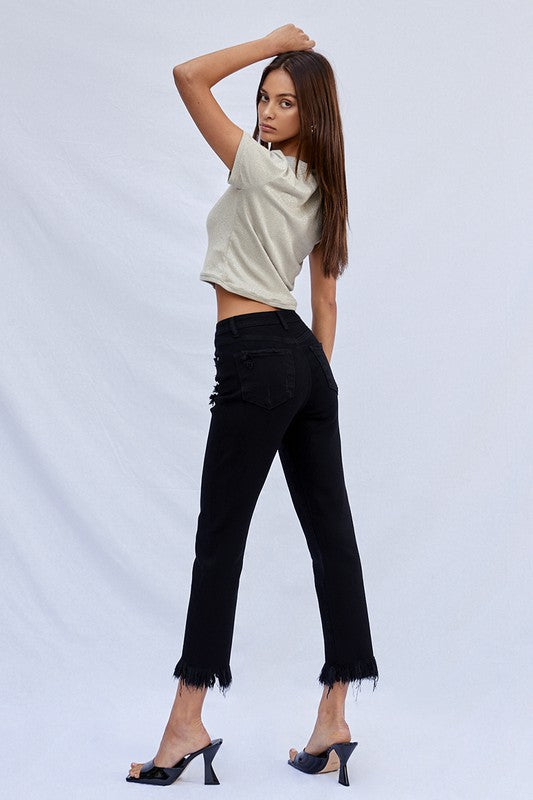 High Rise Fray Crop Straight Jeans