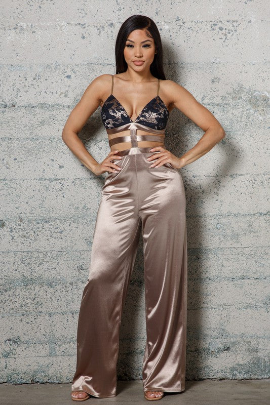 STRETCHED SATIN JUMPSUIT WITH LACE DETAILED BRA