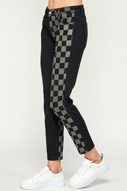 Low Rise Black Two Tone Checkered Skinny Jeans