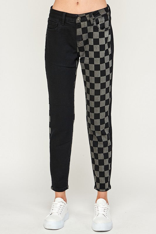 Low Rise Black Two Tone Checkered Skinny Jeans