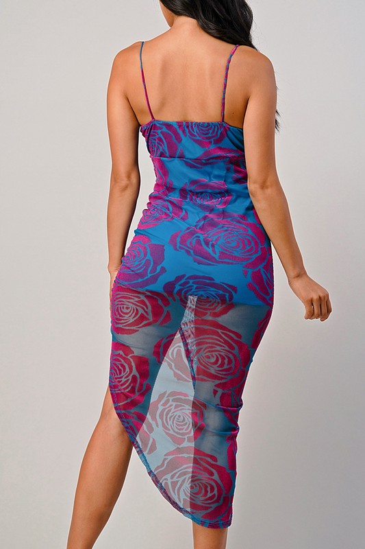 v neck surplus spaghetti strap multi color print mesh skirt lining ruched asymetrical slit dress