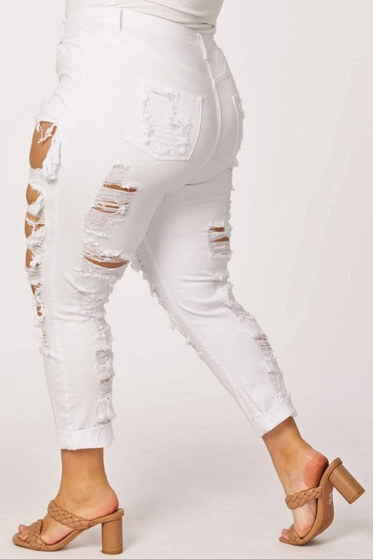 Plus Size High Rise Extreme Distressed White Jeans
