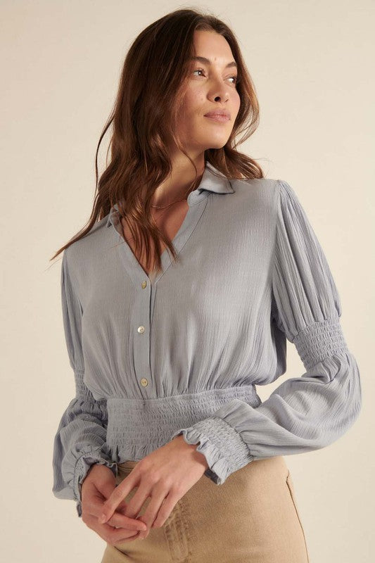 Solid Collar Neck Half Button Front Blouse