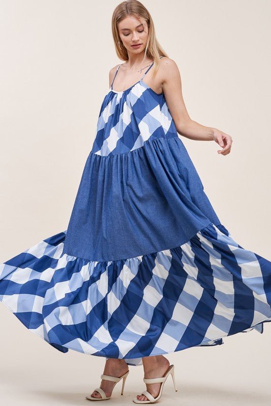 Denim Plaid Sleeveless Maxi Dress