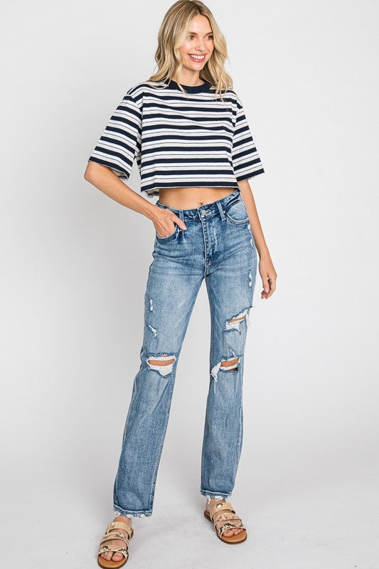 Distressed Super High Rise Comfort Straight Jean