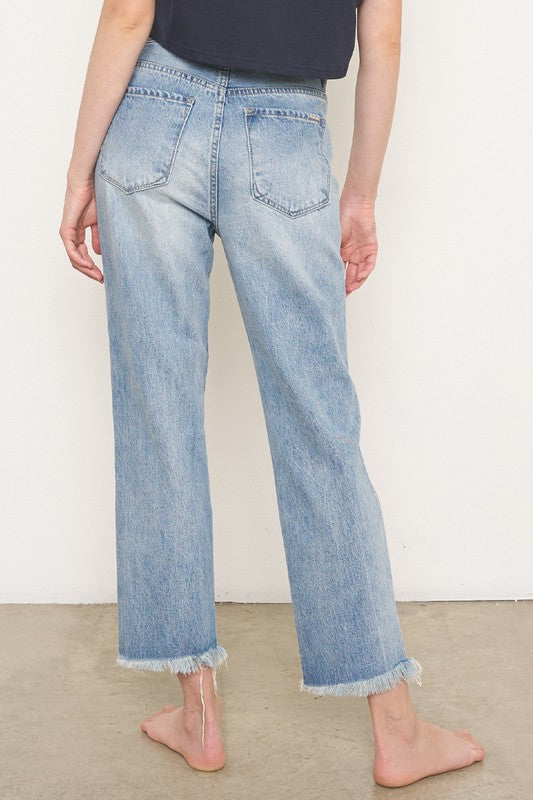 High Rise Frayed Hem Straight Jeans
