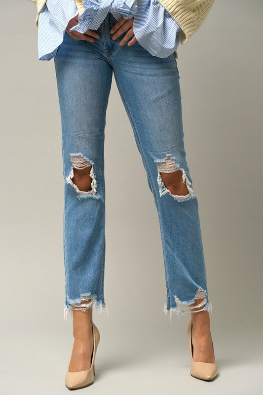 High Waist Ripped Frayed Hem Straight Jeans