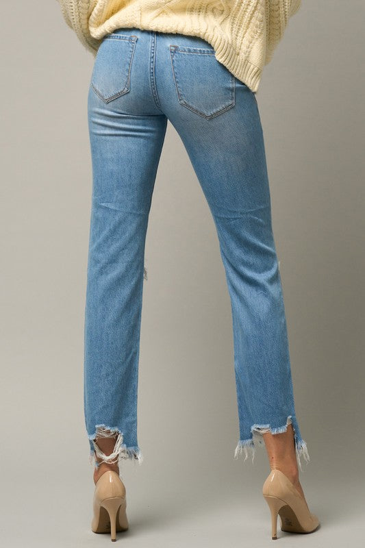 High Waist Ripped Frayed Hem Straight Jeans