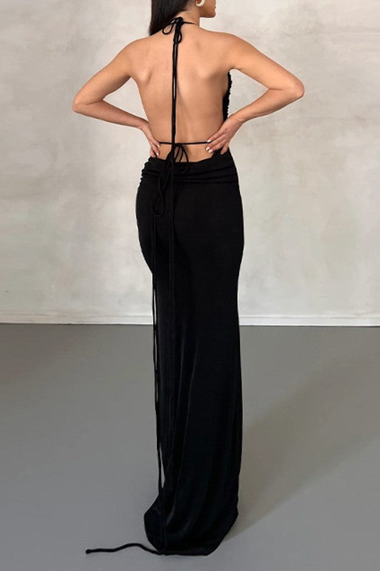 Ruched Backless Slim Fit Lace Up Long Maxi Dress
