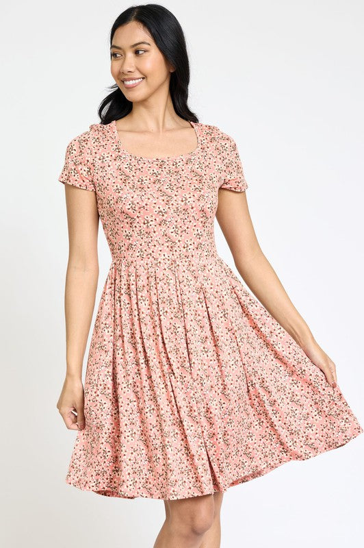 Floral Short Sleeve Pleated Midi Dress