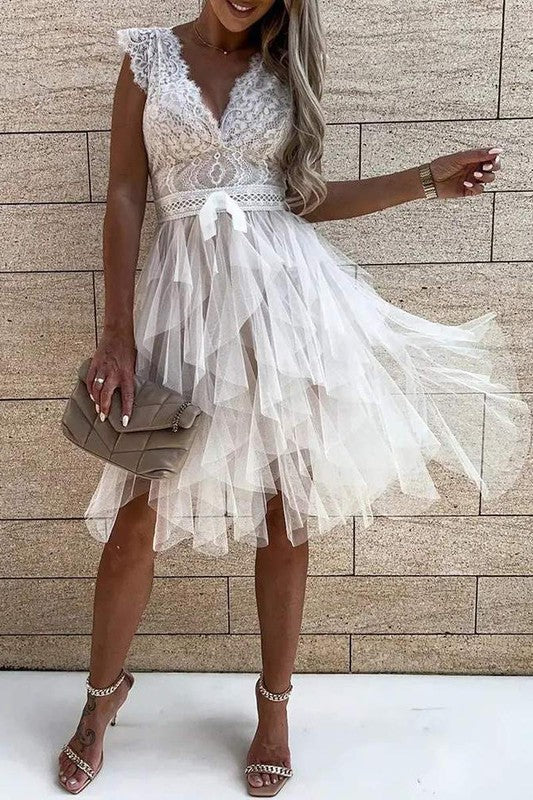 Lace Patch Sheer Mesh Sleeveless Party Dress
