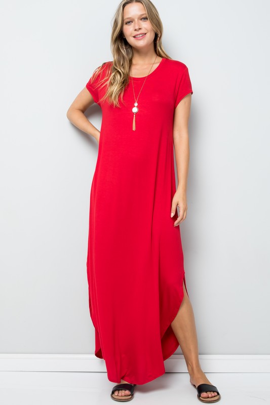 Solid Short Sleeve Maxi Dress with Side Slit