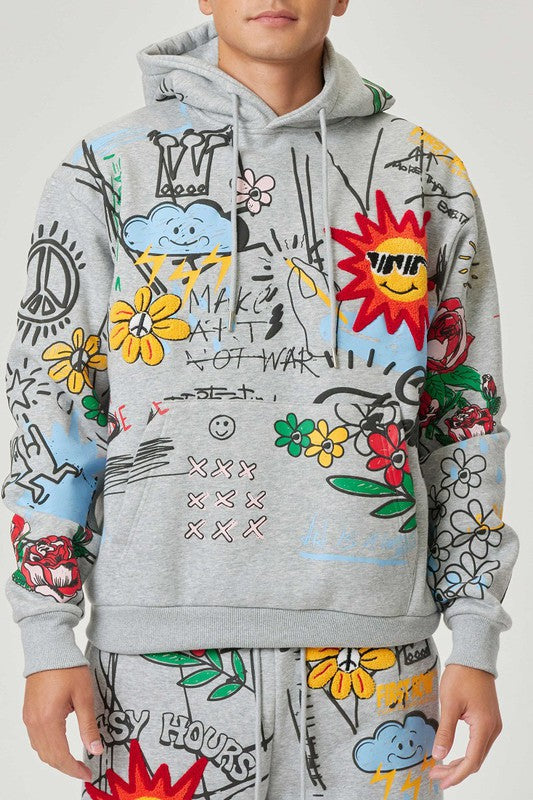 Allover Hand Drawing & Chenille Patch Hoodie sneakerlandnet
