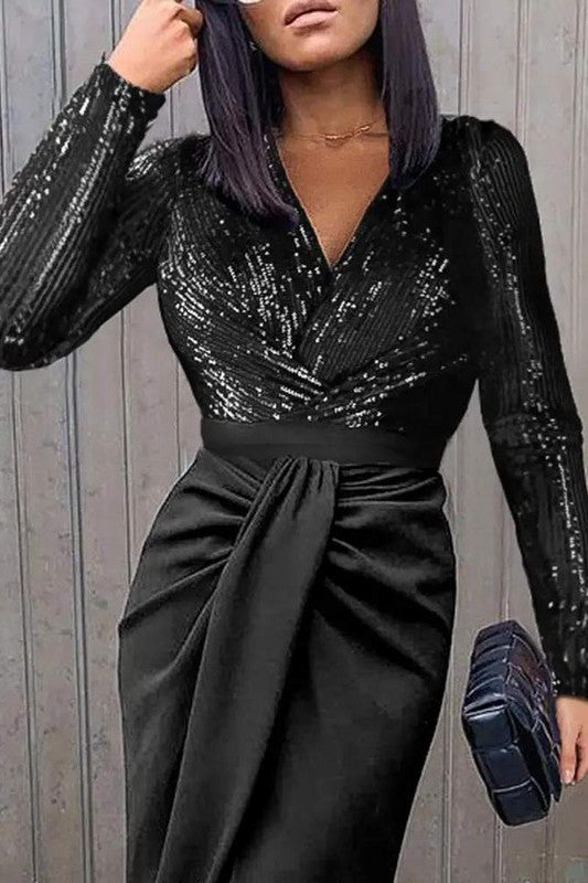 Contrast Sequin Long Sleeve Ruched Party Dress sneakerlandnet