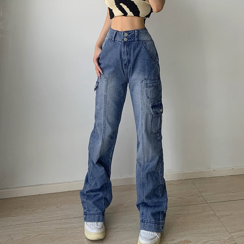 Streetwear Pockets Patchwork Baggy Jeans D3445