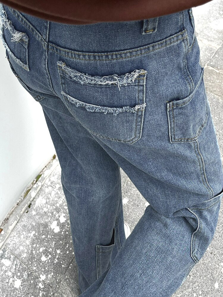 Streetwear Star Jeans Pocket Stitching Straight Denim Pants